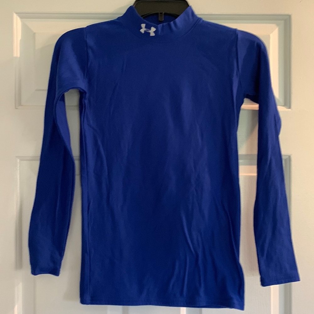 UA | Under Armour Cold Gear Mock Neck Fitted Long Sleeve, Blue, Youth XL YXL